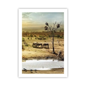 Affiche - Poster - Savane avec des rhinocéros et un point d'eau - 50x70cm - "Et d'Eden coulait une rivière..." - Décoration murale moderne pour le salon et la chambre ARTTOR