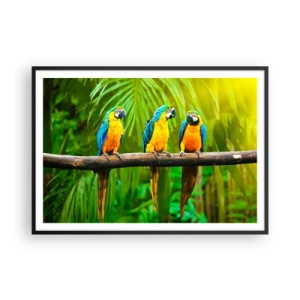 Affiche dans un cadre noir - Poster - Trois perroquets colorés sur fond de verdure tropicale - 100x70cm - Et avez-vous entendu qu'elle ...? - Décoration murale moderne pour le salon et la chambre ARTTOR