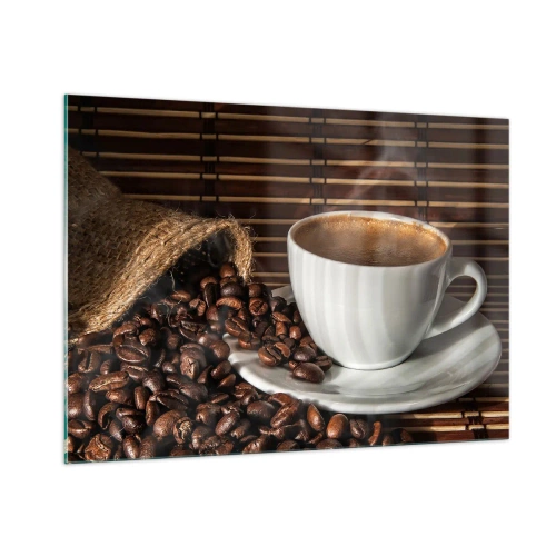 Impression sur verre - Image sur verre - Une tasse de café avec des grains sur un fond rustique - 100x70cm - La noirceur du charbon, la clarté de l'ambre - Décoration murale moderne pour le salon et la chambre ARTTOR