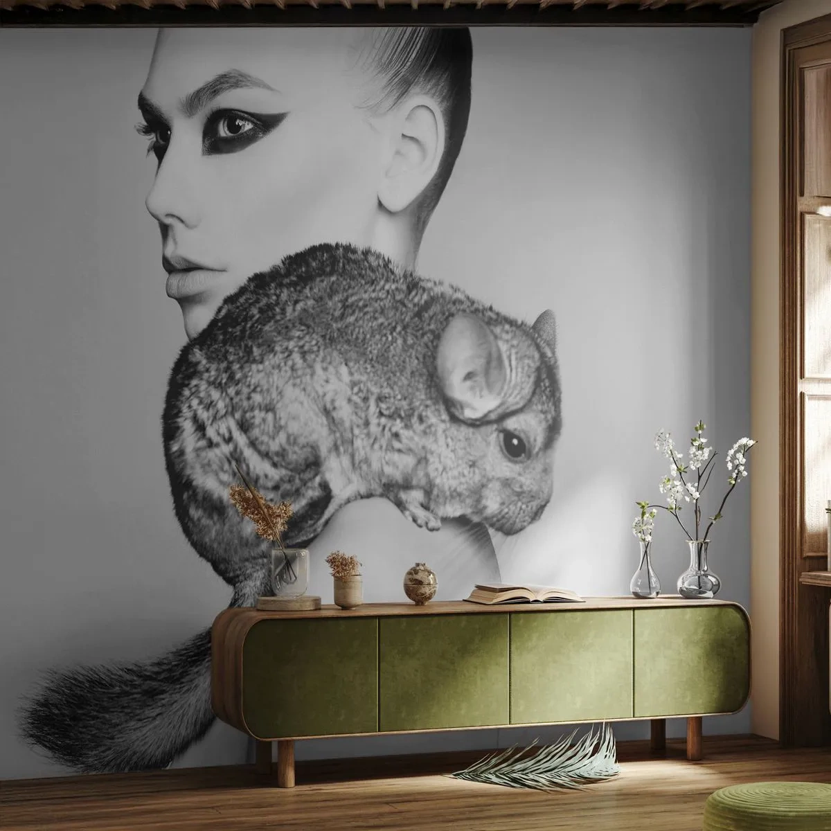 Papier Peint Photo Standard Eco - Dame au chinchilla - Femme, Femme avec Chinchilla, Modèle - 200x140 cm