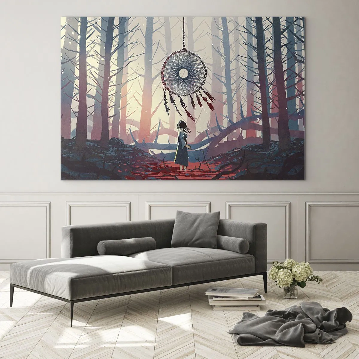 Impression sur verre - Image sur verre - Une silhouette dans la forêt regarde un grand attrape-rêves flottant dans les airs. - 70x50cm - Rituel secret du bonheur - Décoration murale moderne pour le salon et la chambre ARTTOR