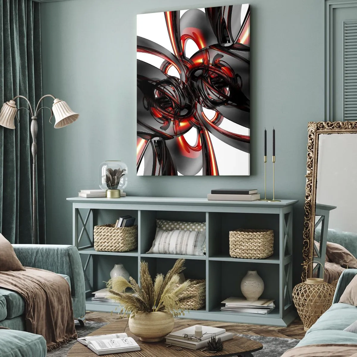 Impression sur toile - Image sur toile - Graphiques 3D abstraits avec des éléments noirs et rouges - 50x70cm - Mouvement de graphite et rouge - Décoration murale moderne pour le salon et la chambre ARTTOR