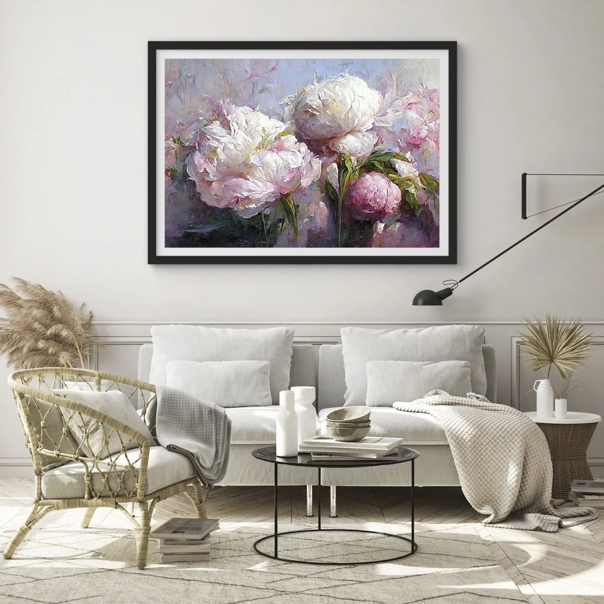Affiche dans un cadre noir - Poster - Fleurs de pivoine romantiques aux couleurs pastel - 100x70cm - Un bouquet plein de vie - Décoration murale moderne pour le salon et la chambre ARTTOR