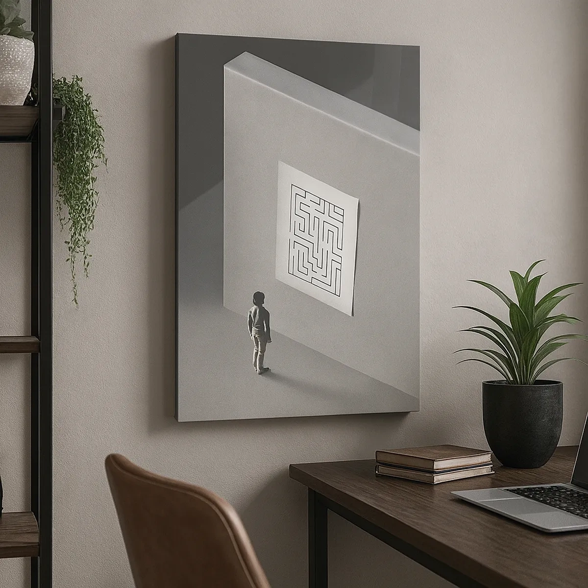 Impression sur toile - Image sur toile - Une figure dans un labyrinthe regardant une carte suspendue - 50x70cm - Mais où suis-je? - Décoration murale moderne pour le salon et la chambre ARTTOR