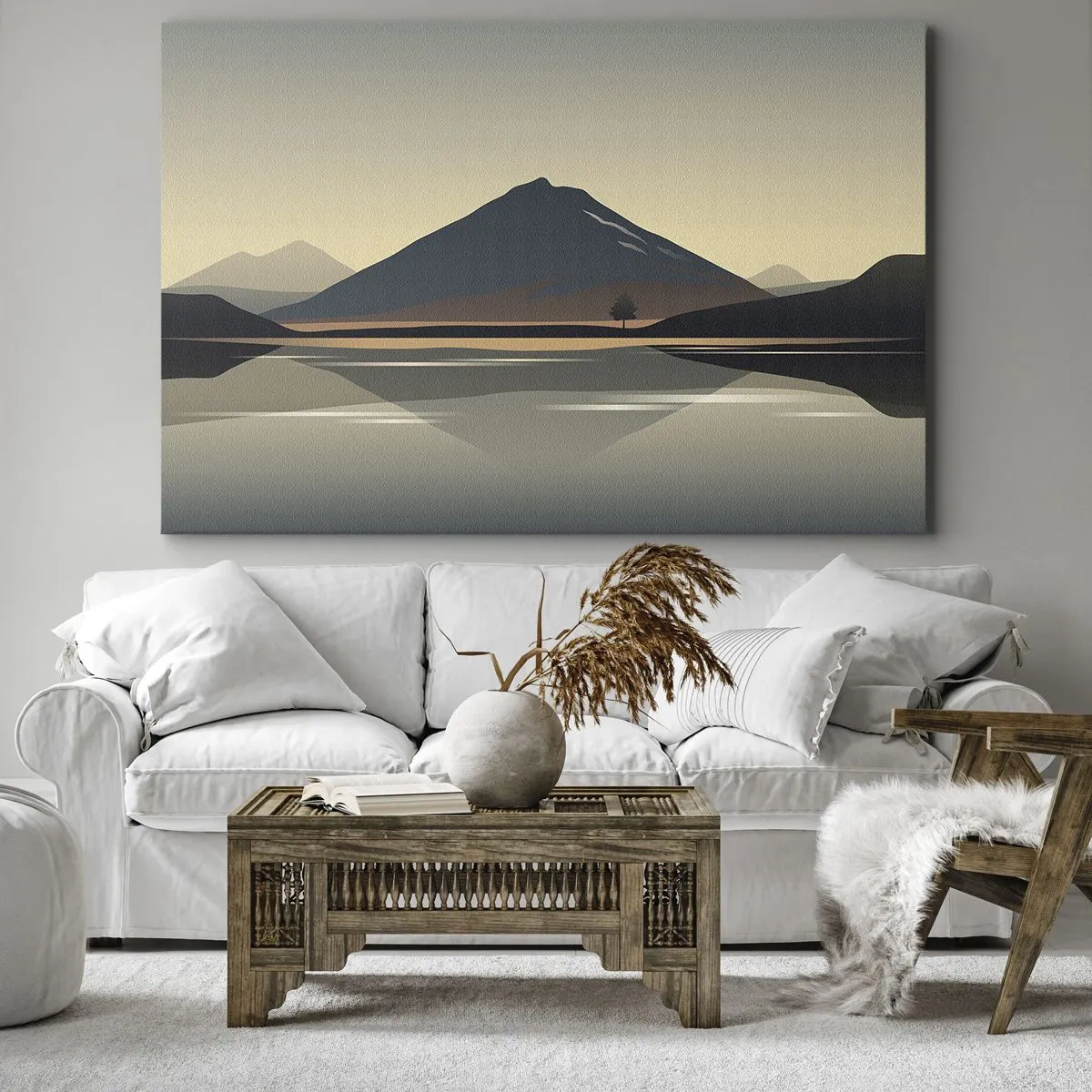 Impression sur toile - Image sur toile - Paysage de montagne minimaliste avec reflet dans l'eau - 70x50cm - Reflet de miroir - Décoration murale moderne pour le salon et la chambre ARTTOR