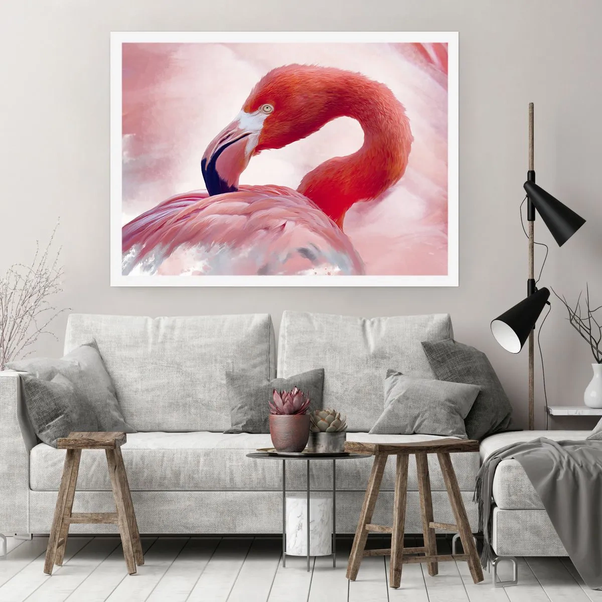 Affiche - Poster - Un flamant rose aux tons roses sur fond clair - 100x70cm - Beauté des oiseaux - Décoration murale moderne pour le salon et la chambre ARTTOR