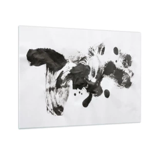 Impression sur verre - Image sur verre - Tache noire abstraite et coups de pinceau sur fond blanc - 70x50cm - De la méthode dans la folie ? - Décoration murale moderne pour le salon et la chambre ARTTOR