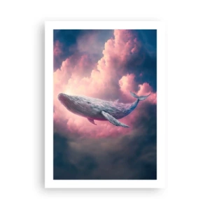 Affiche - Poster - Une baleine vole parmi les nuages roses au coucher du soleil. - 50x70cm - Frottez-vous les yeux - Décoration murale moderne pour le salon et la chambre ARTTOR