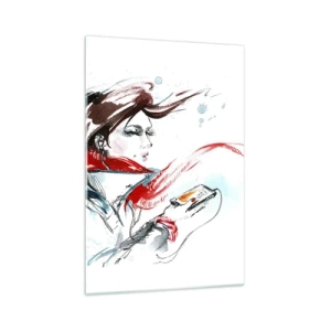 Impression sur verre - Image sur verre - Une femme portant un foulard rouge avec des traits d'aquarelle dynamiques - 70x100cm - Quelque chose se passe en moi - Décoration murale moderne pour le salon et la chambre ARTTOR