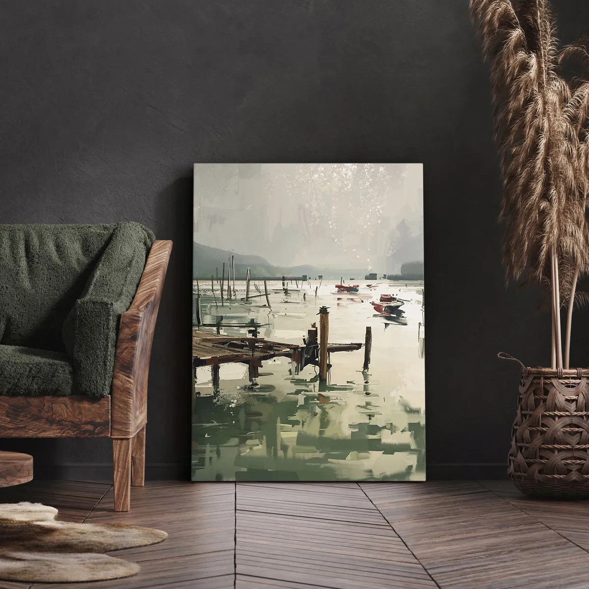 Impression sur toile - Image sur toile - Un port pittoresque avec des bateaux sur une eau calme - 70x100cm - Trempé dans une lune en fusion - Décoration murale moderne pour le salon et la chambre ARTTOR