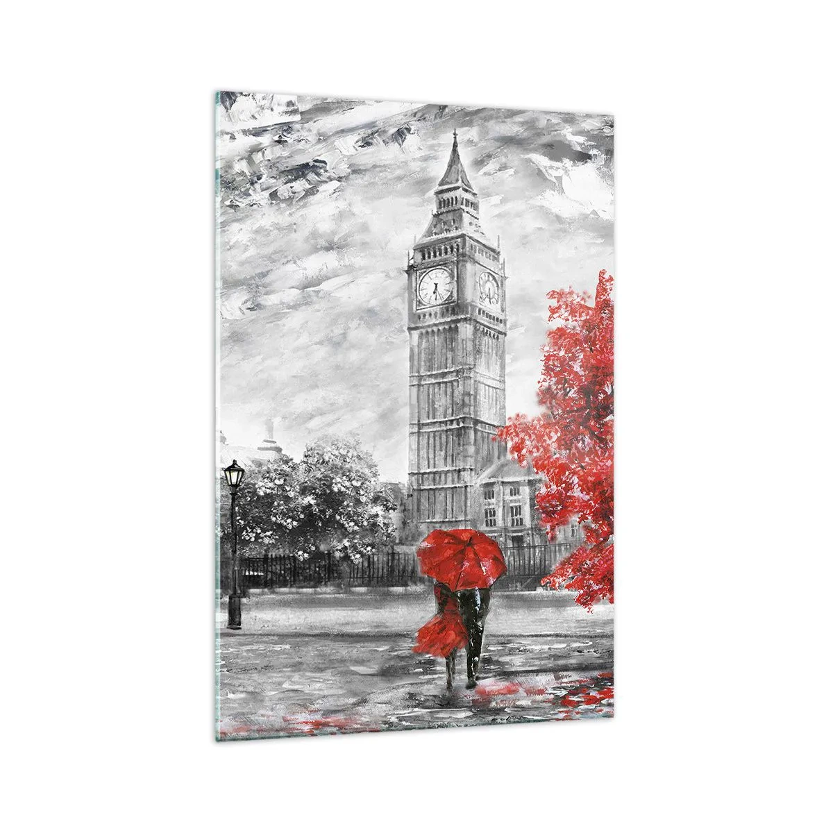 Impression sur verre - Image sur verre - Vue emblématique de Londres avec Big Ben, un bus rouge et un parapluie - 70x100cm - Une journée passionnante - Décoration murale moderne pour le salon et la chambre ARTTOR
