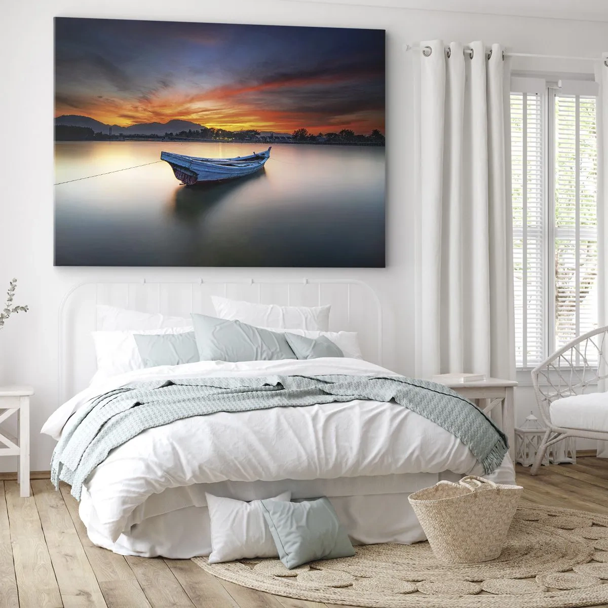 Impression sur toile - Image sur toile - Un bateau sur l'eau pendant un coucher de soleil pittoresque - 70x50cm - Une bonne nuit arrive - Décoration murale moderne pour le salon et la chambre ARTTOR