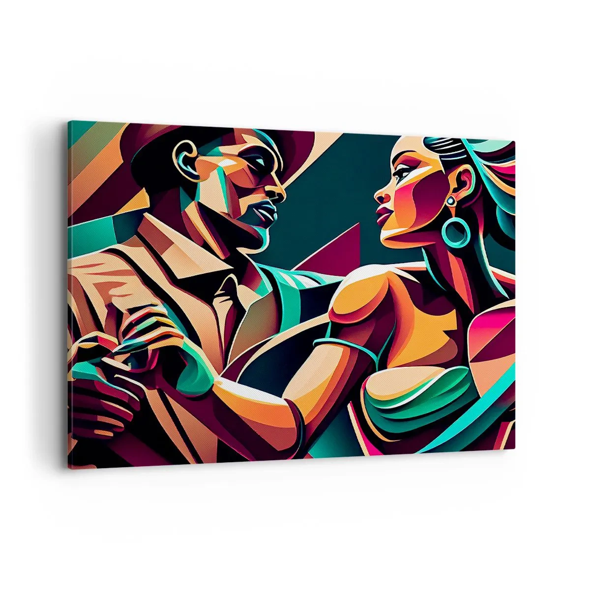 Impression sur toile - Image sur toile - Un couple stylisé dansant dans des couleurs vibrantes et géométriques. - 100x70cm - Au rythme du coeur - Décoration murale moderne pour le salon et la chambre ARTTOR
