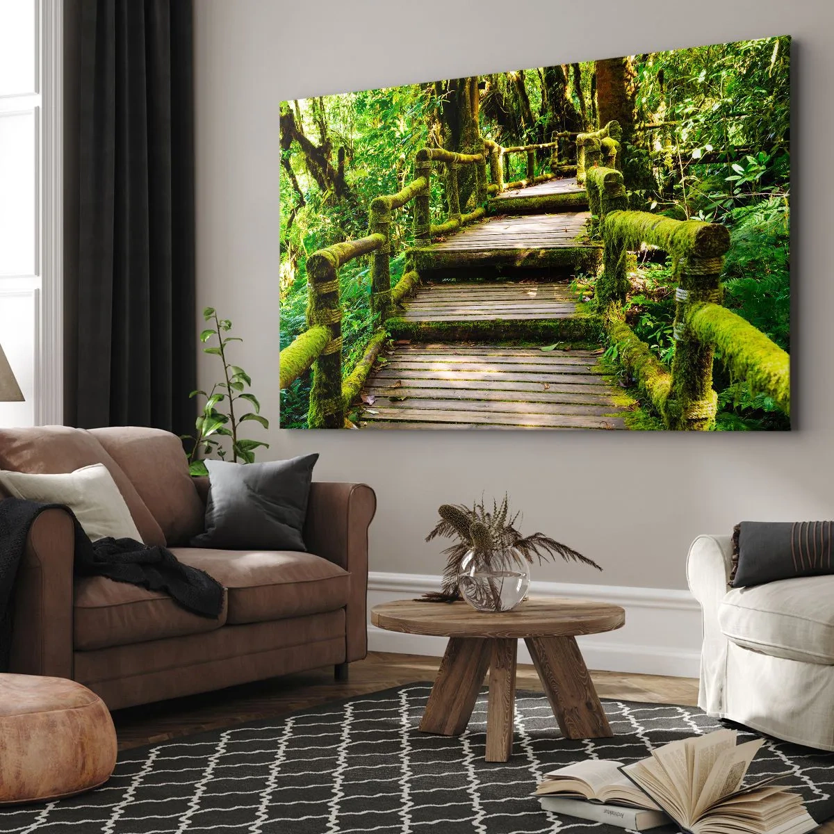 Impression sur toile - Image sur toile - Un pont en bois recouvert de mousse dans une forêt tropicale - 100x70cm - Un couloir de verdure - Décoration murale moderne pour le salon et la chambre ARTTOR