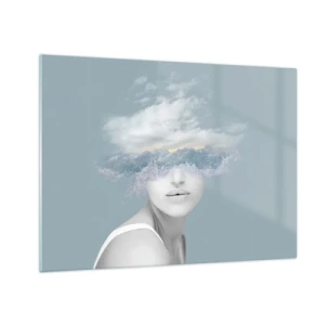 Impression sur verre - Image sur verre - Le visage d'une femme se fond dans le ciel et les nuages dans une vision surréaliste. - 70x50cm - La tête dans les nuages - Décoration murale moderne pour le salon et la chambre ARTTOR