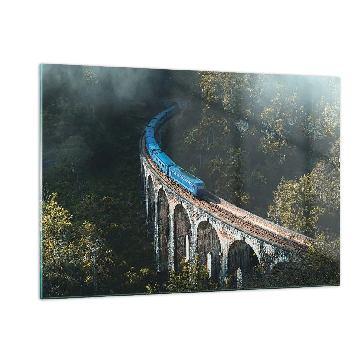 Impression sur verre - Image sur verre - Un train bleu circulant sur un viaduc en pierre dans la forêt - 120x80cm - Train nature - Décoration murale moderne pour le salon et la chambre ARTTOR