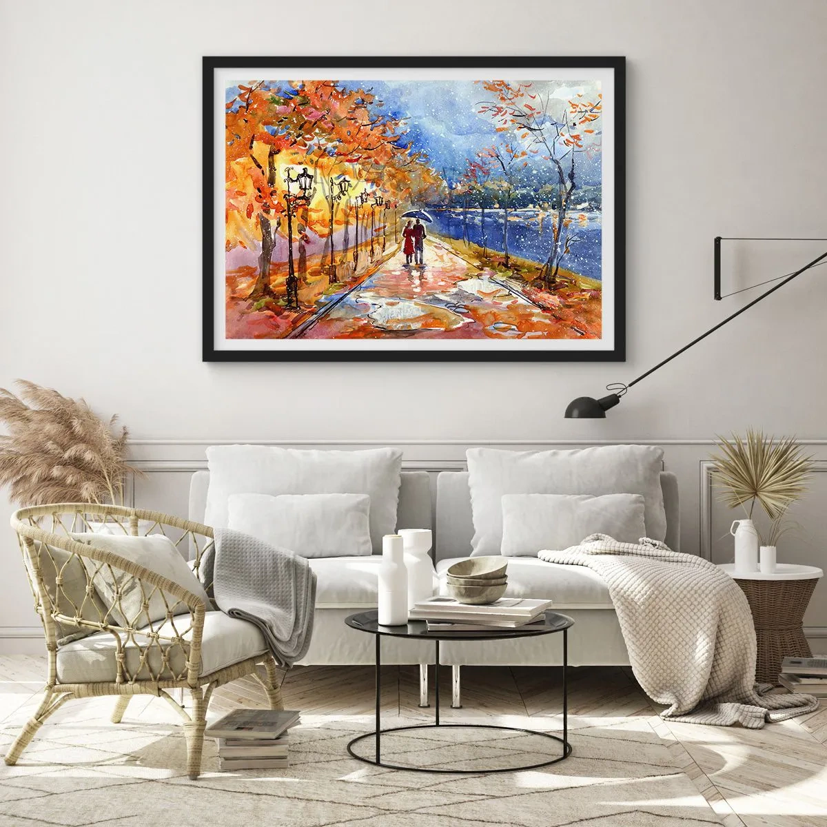 Affiche dans un cadre noir - Poster - Une promenade d'automne dans le parc au bord de la rivière sous un parasol - 70x50cm - Ensemble jusqu'au bout du temps - Décoration murale moderne pour le salon et la chambre ARTTOR