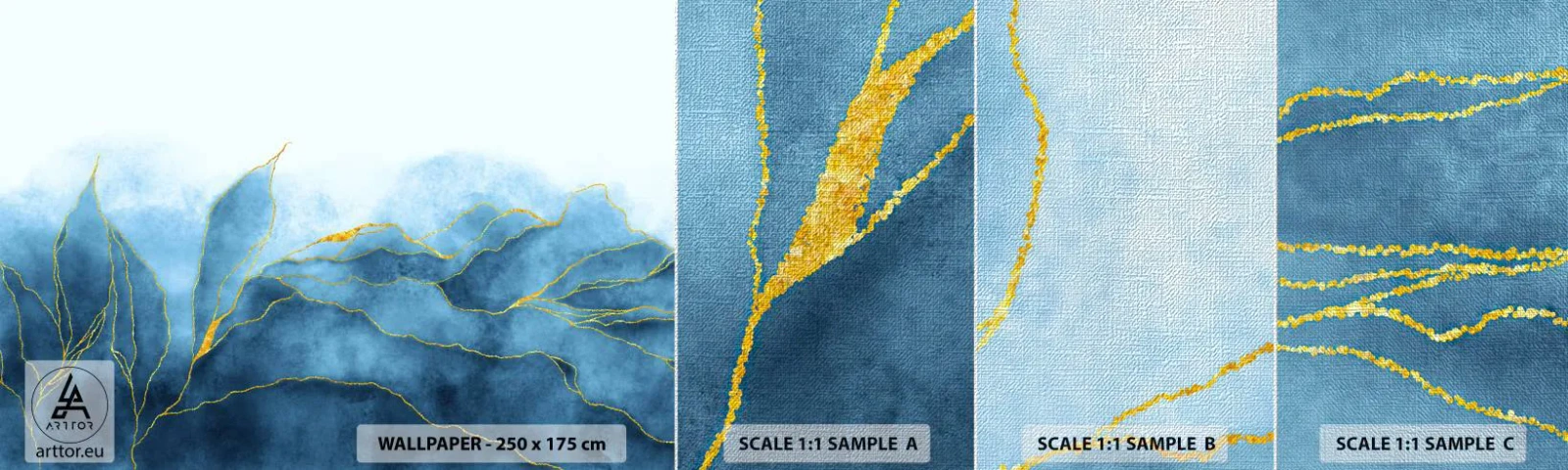 Échantillon de Papier Peint Premium Canvas - Bleu doré - Luxe, Charme, Abstraction - 100x30 cm