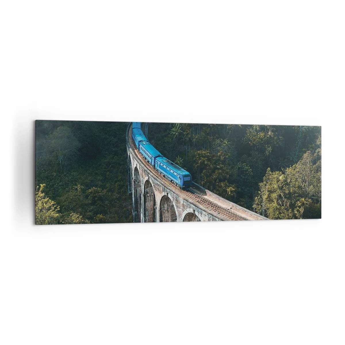 Impression sur toile - Image sur toile - Un train bleu sur un viaduc historique au milieu des forêts - 160x50cm - Train nature - Décoration murale moderne pour le salon et la chambre ARTTOR
