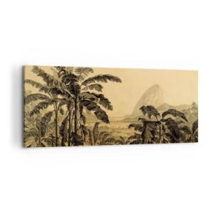 Impression sur toile - Image sur toile - Dessin de bananiers sur fond de paysage tropical - 120x50cm - Dans un climat colonial - Décoration murale moderne pour le salon et la chambre ARTTOR