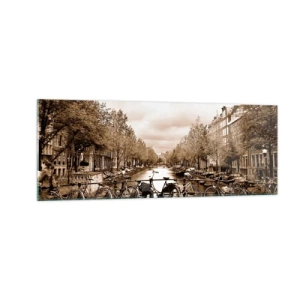 Impression sur verre - Image sur verre - Pont cyclable sur le canal en sépia - 140x50cm - Ambiance hollandaise - Décoration murale moderne pour le salon et la chambre ARTTOR