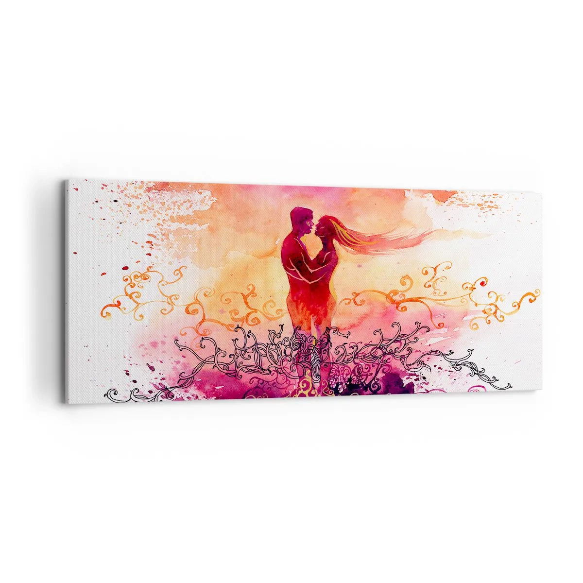 Impression sur toile - Image sur toile - Un couple s'embrassant sur un motif abstrait rose et orange - 120x50cm - Un coeur! Je n'ai pas besoin de beaucoup… - Décoration murale moderne pour le salon et la chambre ARTTOR