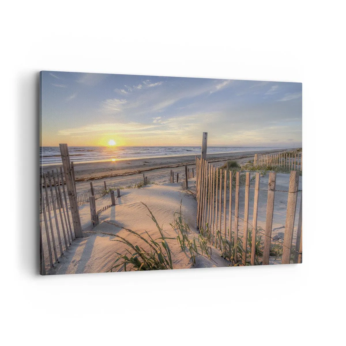 Impression sur toile - Image sur toile - Plage au coucher du soleil avec clôture en bois - 120x80cm - Ombre et brillance du vent - Décoration murale moderne pour le salon et la chambre ARTTOR