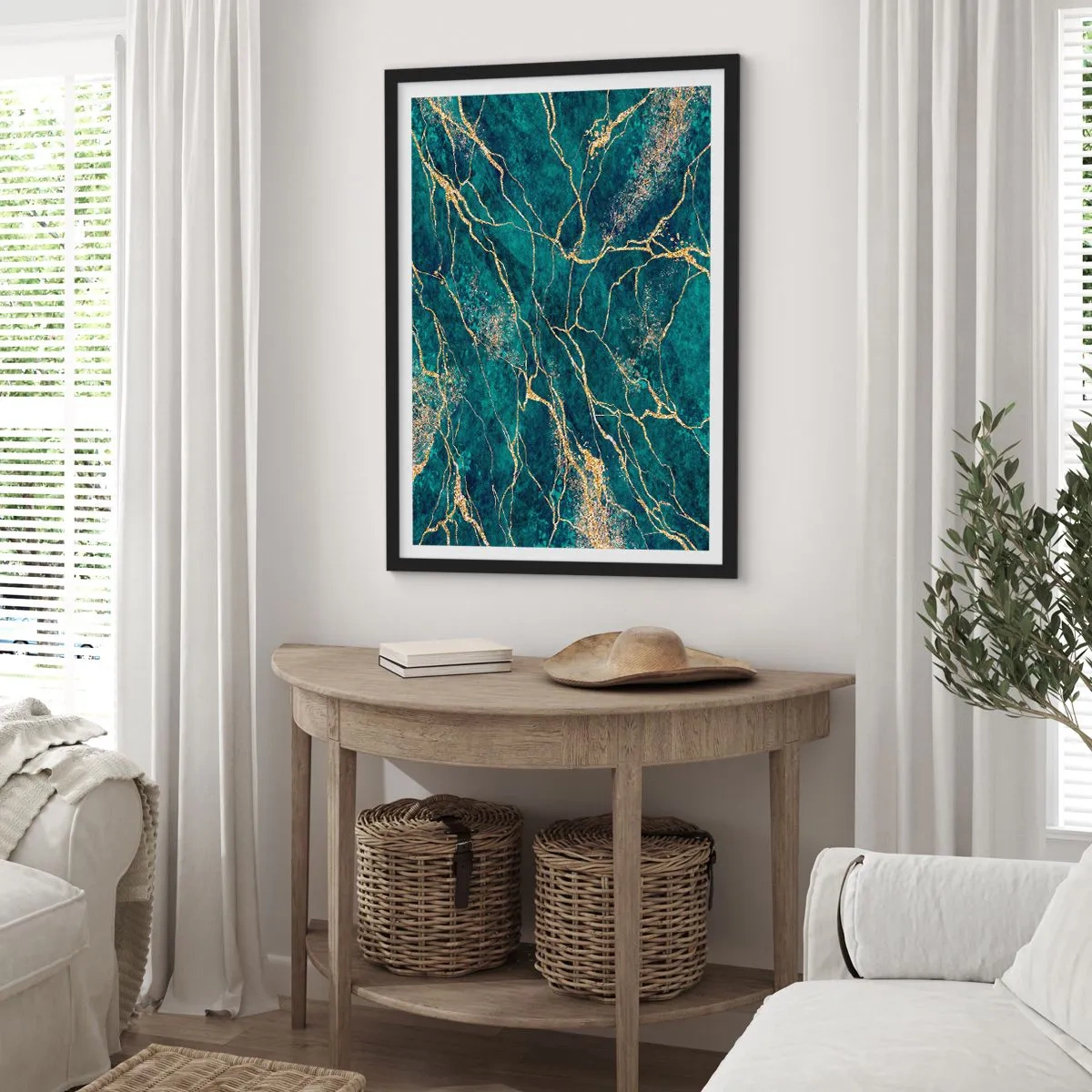 Affiche dans un cadre noir - Poster - Veines d'or abstraites sur un fond de marbre vert - 50x70cm - Mine d'or - Décoration murale moderne pour le salon et la chambre ARTTOR