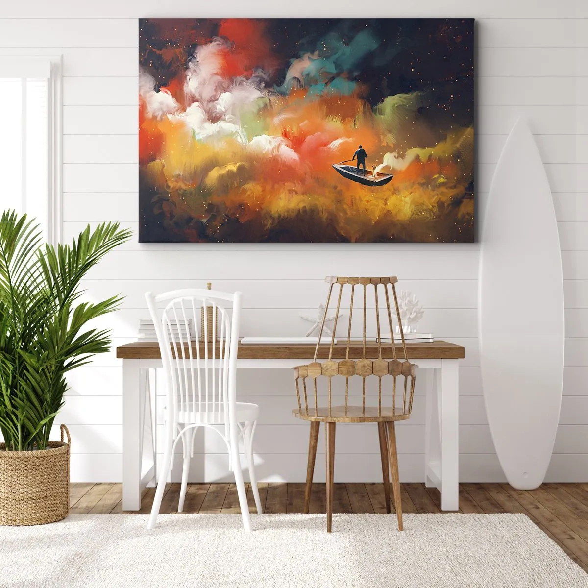 Impression sur toile - Image sur toile - Une silhouette dans un bateau sur un fond de nuages colorés - 100x70cm - En bateau à travers la galaxie - Décoration murale moderne pour le salon et la chambre ARTTOR