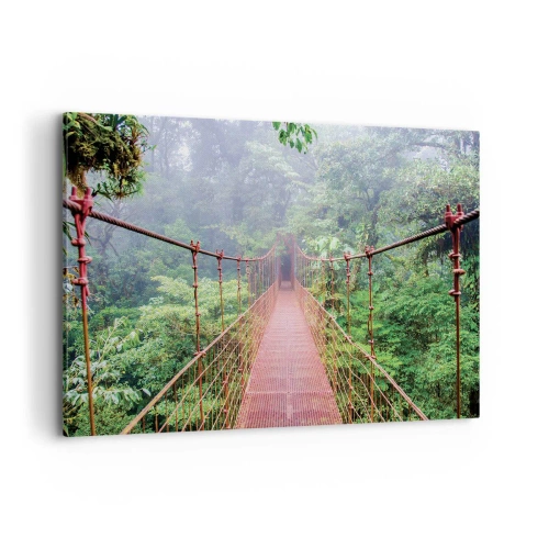 Impression sur toile - Image sur toile - Un pont suspendu dans une jungle tropicale entourée de brouillard - 100x70cm - Suspendu sur les couronnes - Décoration murale moderne pour le salon et la chambre ARTTOR