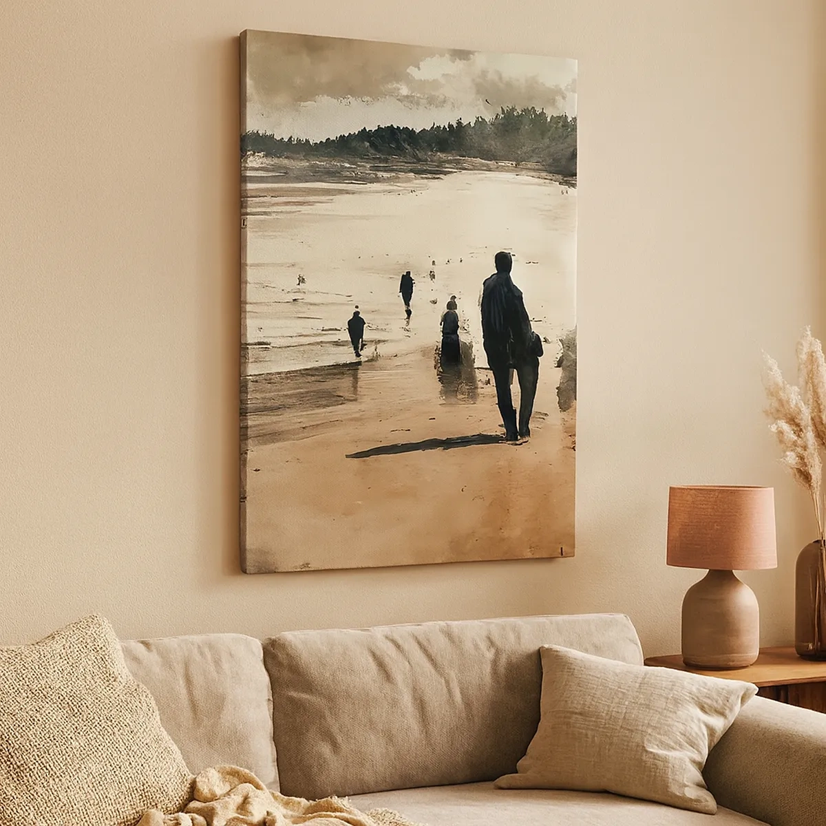 Impression sur toile - Image sur toile - Promeneurs sur la plage dans un paysage paisible - 50x70cm - Invoqué - Décoration murale moderne pour le salon et la chambre ARTTOR