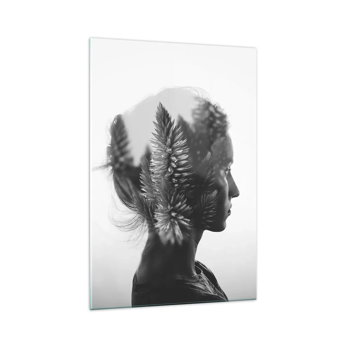 Impression sur verre - Image sur verre - Un portrait subtil avec des éléments de la nature - 70x100cm - Dame de la pinède - Décoration murale moderne pour le salon et la chambre ARTTOR