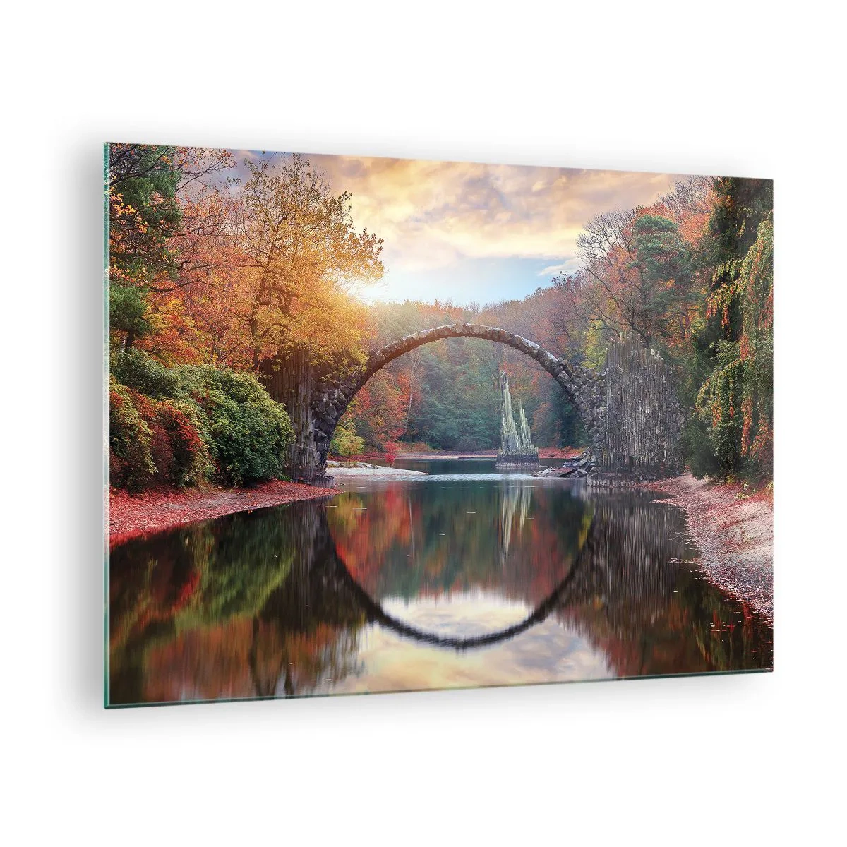 Impression sur verre - Image sur verre - Un pont de pierre se reflétant dans un lac au milieu d'une forêt d'automne - 70x50cm - De l'autre cote du miroir - Décoration murale moderne pour le salon et la chambre ARTTOR