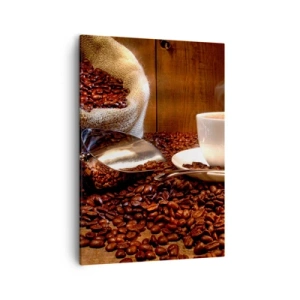 Impression sur toile - Image sur toile - Une tasse de café avec des grains de café et un sac de céréales en arrière-plan - 50x70cm - Sentez-vous cette odeur? - Décoration murale moderne pour le salon et la chambre ARTTOR