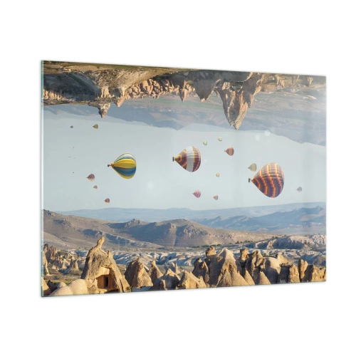 Impression sur verre - Image sur verre - Ballons colorés au-dessus du paysage rocheux de la Cappadoce - 100x70cm - Ici, tout est possible - Décoration murale moderne pour le salon et la chambre ARTTOR