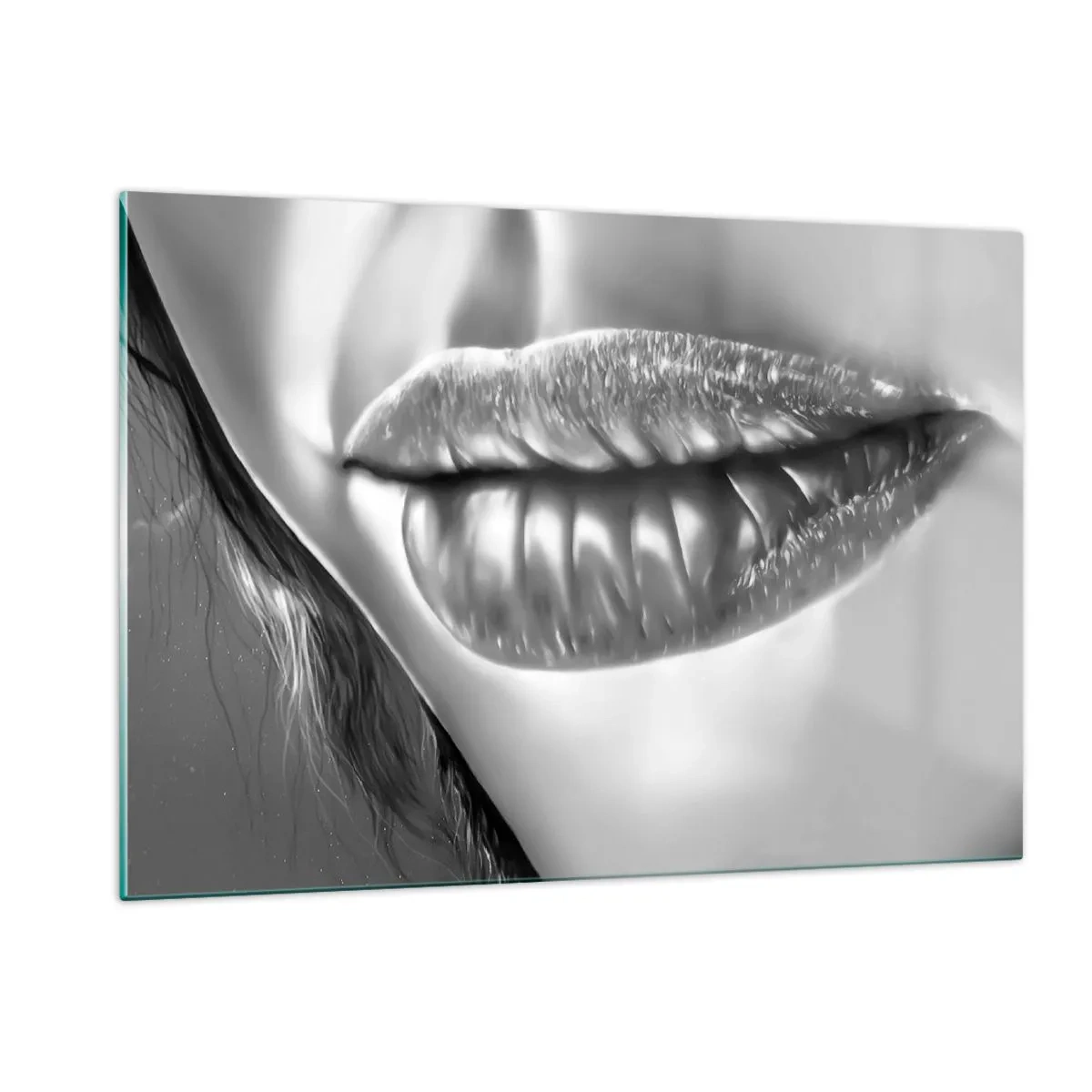 Impression sur verre - Image sur verre - Lèvres féminines sensuelles aux tons monochromes - 120x80cm - Je sais à quoi tu penses… - Décoration murale moderne pour le salon et la chambre ARTTOR