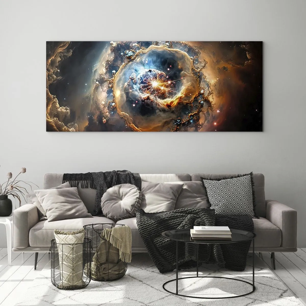 Impression sur verre - Image sur verre - Une vision abstraite d'une explosion cosmique dans des tons d'or et de bleu. - 140x50cm - Le début - Décoration murale moderne pour le salon et la chambre ARTTOR
