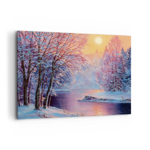 Impression sur toile - Image sur toile - Paysage d'hiver avec rivière et arbres au lever du soleil - 100x70cm - Couleurs d'hiver - Décoration murale moderne pour le salon et la chambre ARTTOR