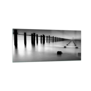 Impression sur verre - Image sur verre - Poteaux en bois et blocs de béton immergés dans l'eau dans des tons noirs et blancs - 120x50cm - Distance grise dans le brouillard - Décoration murale moderne pour le salon et la chambre ARTTOR