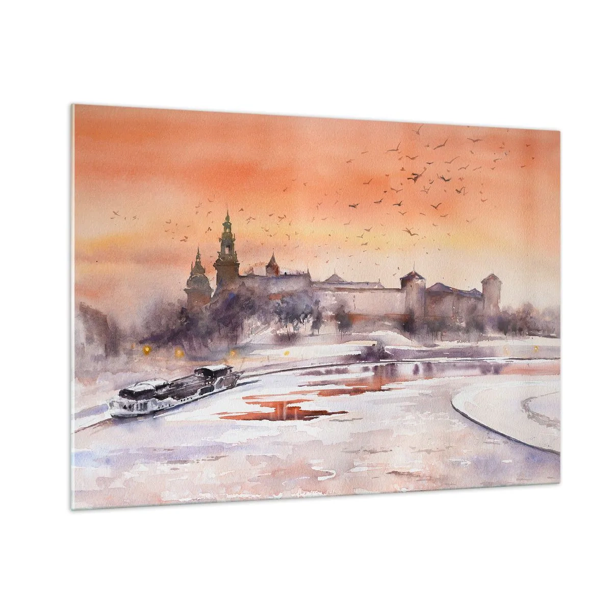 Impression sur verre - Image sur verre - Coucher de soleil sur le château royal et la rivière en hiver - 100x70cm - Coucher de soleil royal - Décoration murale moderne pour le salon et la chambre ARTTOR
