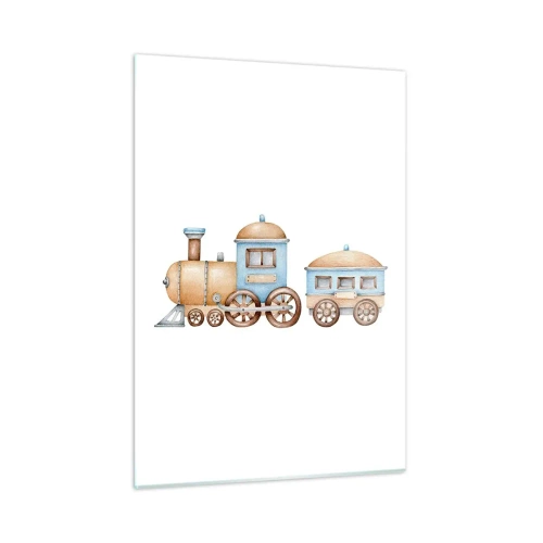 Impression sur verre - Image sur verre - Illustration d'un train à vapeur dans les tons bleu et beige sur fond blanc - 50x70cm - Il est à la gare... - Décoration murale moderne pour le salon et la chambre ARTTOR