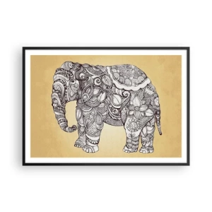 Affiche dans un cadre noir - Poster - Éléphant dessiné à la main avec un motif orné sur un fond beige - 100x70cm - L'éléphant s'est apprêté - Décoration murale moderne pour le salon et la chambre ARTTOR