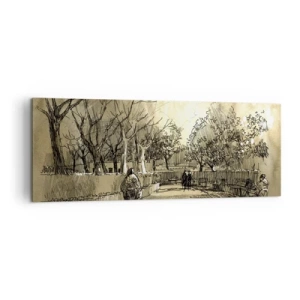 Impression sur toile - Image sur toile - Une scène de dessin animé d'un parc avec des gens marchant dans des tons chauds. - 140x50cm - Un moment arrêté avec une plume - Décoration murale moderne pour le salon et la chambre ARTTOR
