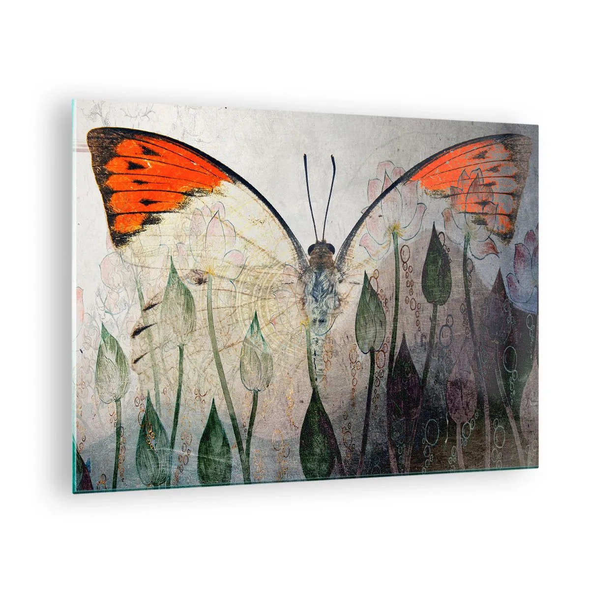 Impression sur verre - Image sur verre - Un papillon artistique entouré de fleurs délicates sur fond gris. - 70x50cm - "Où est le papillon qui se balance sur l'herbe" - Décoration murale moderne pour le salon et la chambre ARTTOR