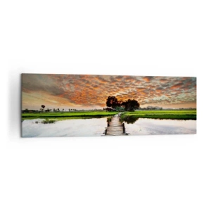 Impression sur toile - Image sur toile - Pont en bois sur l'eau au coucher du soleil - 160x50cm - Étendez vos bras - respirez - Décoration murale moderne pour le salon et la chambre ARTTOR