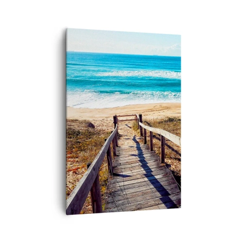 Impression sur toile - Image sur toile - Chemin en bois menant à la plage - 70x100cm - Cours! - Décoration murale moderne pour le salon et la chambre ARTTOR