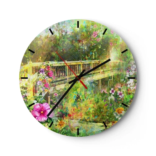 Horloge murale - Pendule murale - Un pont entouré de fleurs dans le jardin d'été - 30x30cm - Le soupire d'un pont de printemps - Décoration murale moderne pour le salon, la cuisine et la chambre ARTTOR