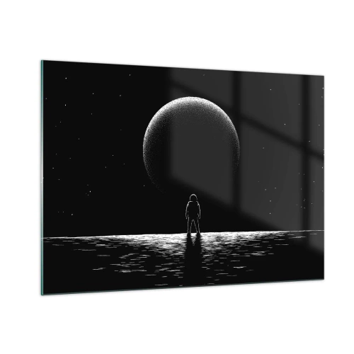 Impression sur verre - Image sur verre - Astronaute debout devant une planète en noir et blanc - 100x70cm - Face à face - Décoration murale moderne pour le salon et la chambre ARTTOR