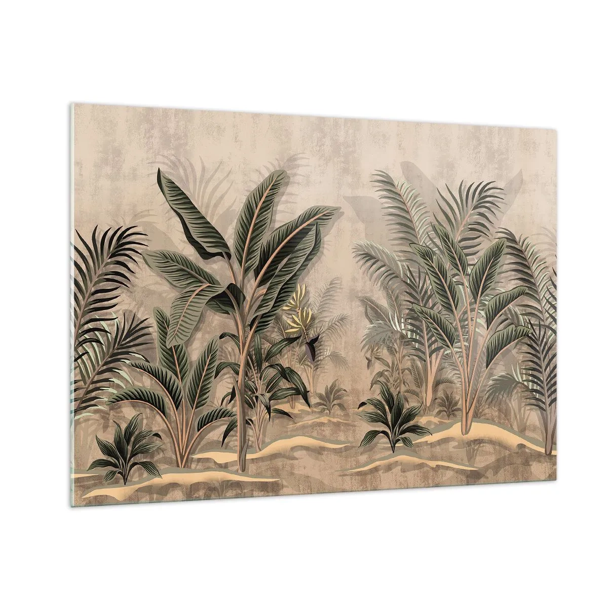 Impression sur verre - Image sur verre - Plantes tropicales sur fond beige dans un style colonial - 100x70cm - Une gravure de style colonial - Décoration murale moderne pour le salon et la chambre ARTTOR