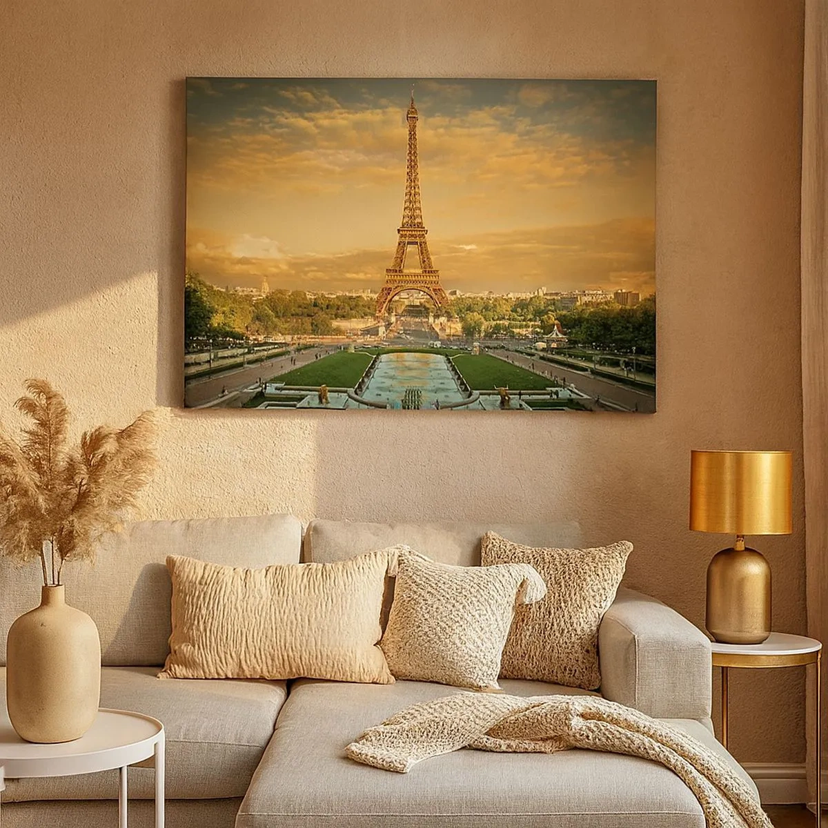 Impression sur toile - Image sur toile - La Tour Eiffel à Paris au coucher du soleil - 70x50cm - La reine de Paris - Décoration murale moderne pour le salon et la chambre ARTTOR